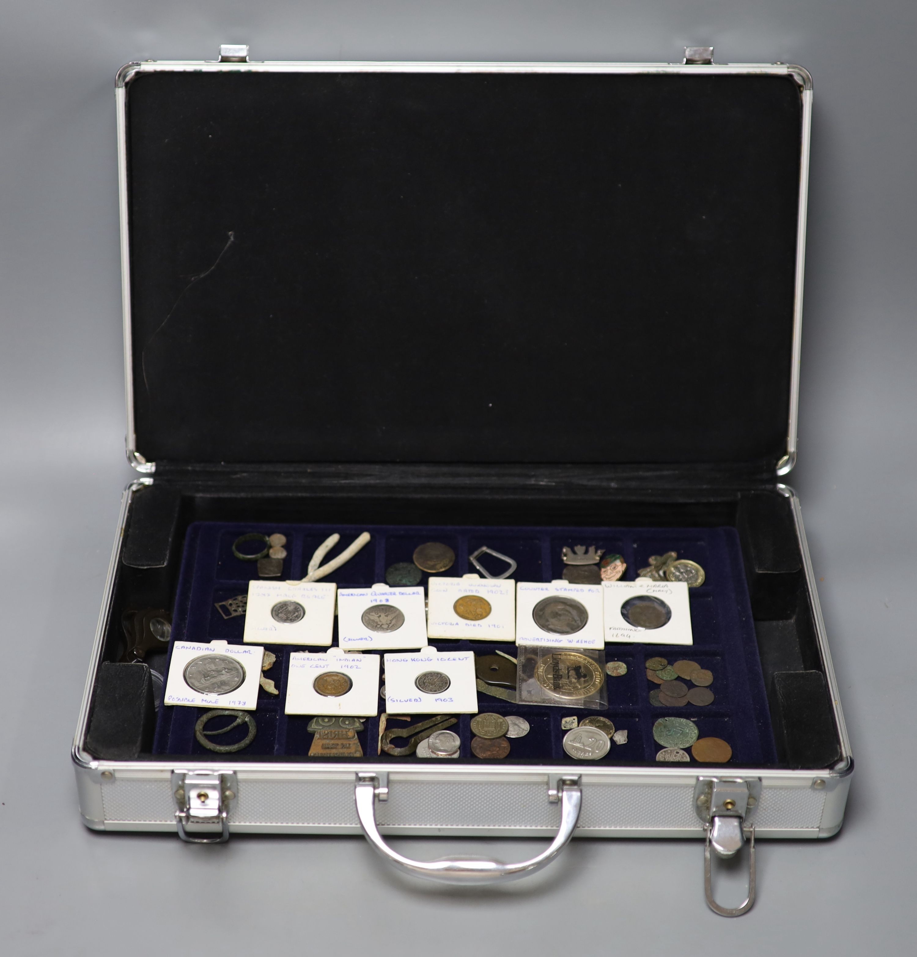 A large collection of silver, bronze and copper coins, metal fragments etc. found in Sussex, 3 trays in a case